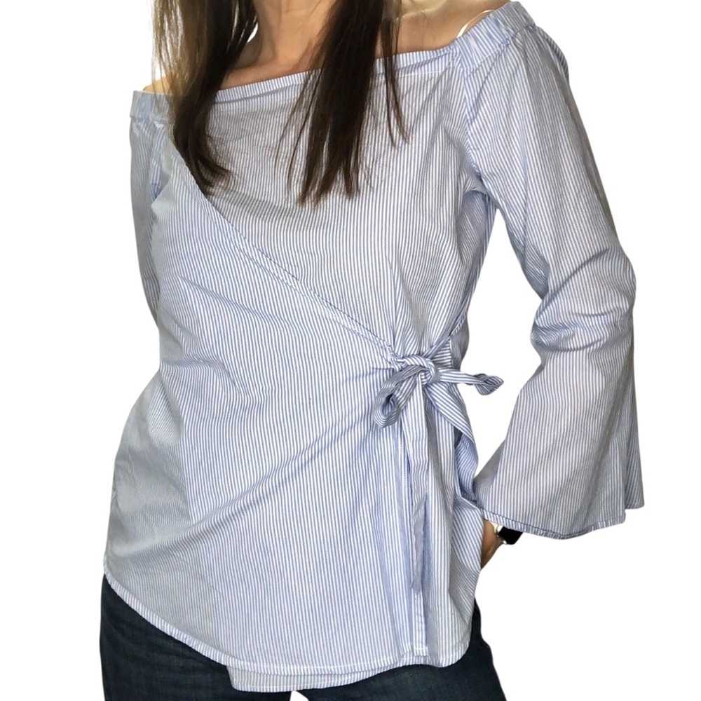 Thread & Supply Striped Cotton Top Blouse Sz L Blue White Bell Sleeve Nautical